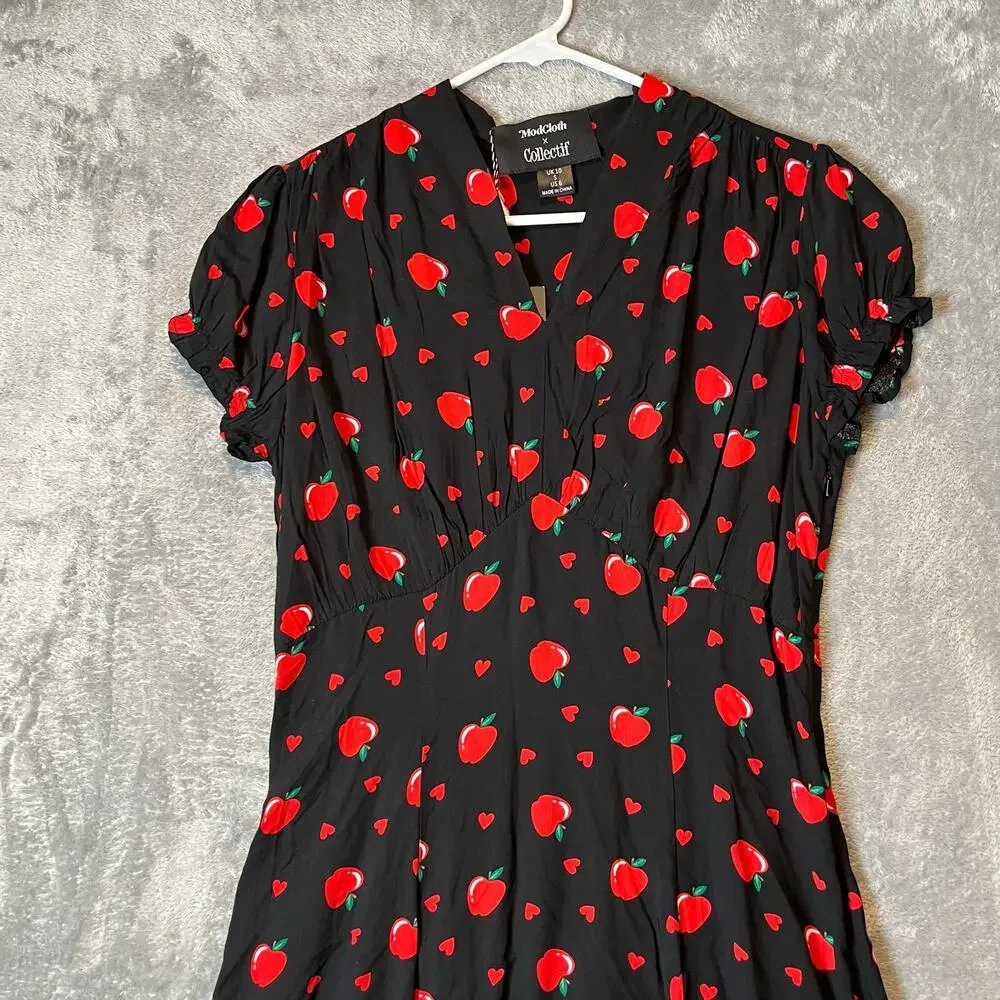 Modcloth X Collectif Gwendolyn Love Apples Tea Dress Size Small Black Red New - Picture 2 of 9